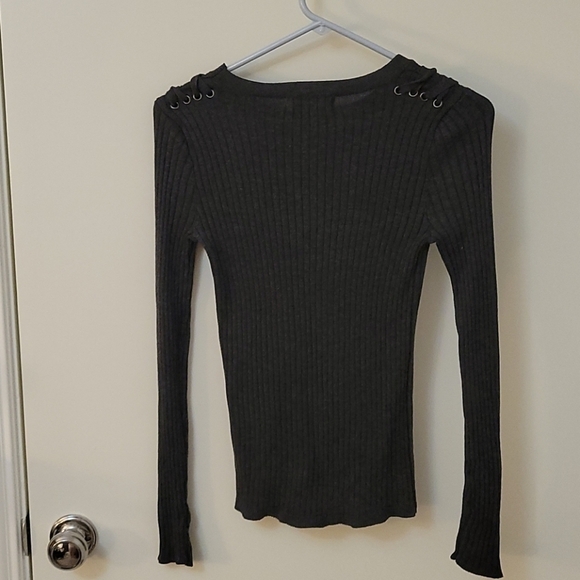 PINK REPUBLIC Dark Gray Ribbed Knit Lace Up Shoulders Sweater - Picture 4 of 8